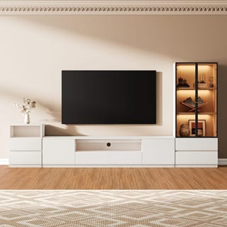 ATJafurn 122" White Modern 3-Piece Entertainment Center Set - TV Stand + Lighted Glass Display Cabinet + Drawer Cabinet, Fits 75" TVs photo 4