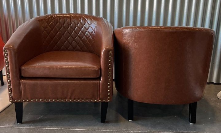 Modern PU Leather Upholstered Accent Barrel Chair with Nailheads and Solid Wood Legs