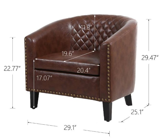 Modern PU Leather Upholstered Accent Barrel Chair with Nailheads and Solid Wood Legs