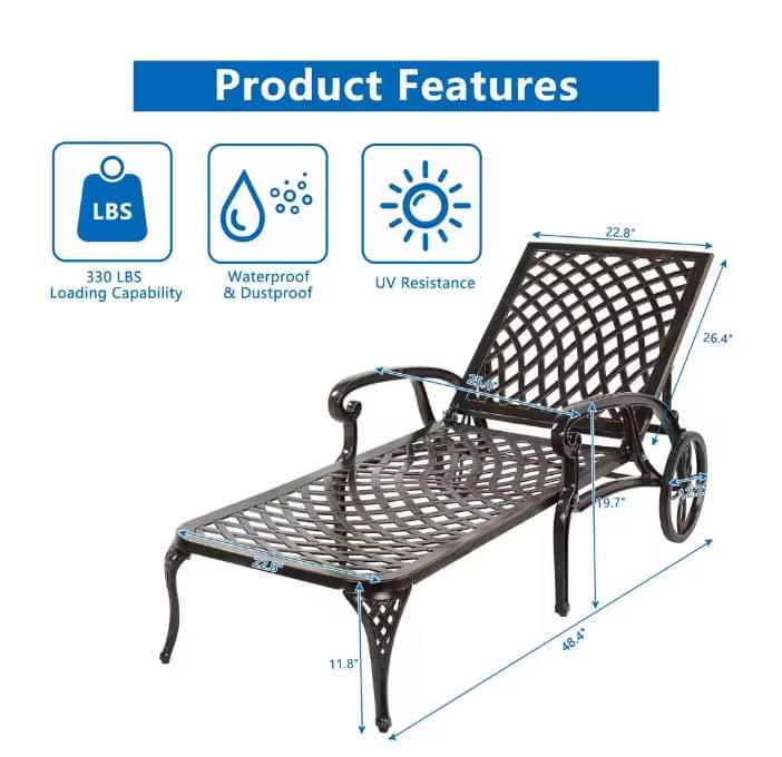 Bronze Metal Adjustable Outdoor Chaise Lounge without cushion