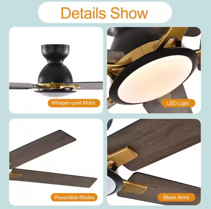 52 in. Integrated LED Indoor Black Ceiling Fans with Light and Remote Control
