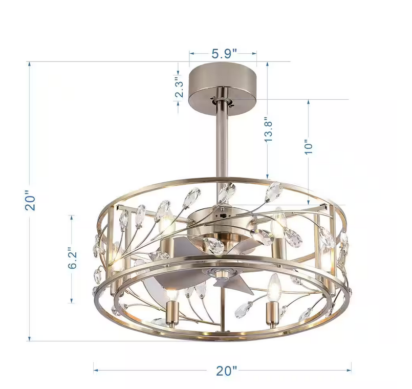 20 in. Indoor Satin Nickel Crystal Ceiling Fan with Remote Control and Light Kit Included