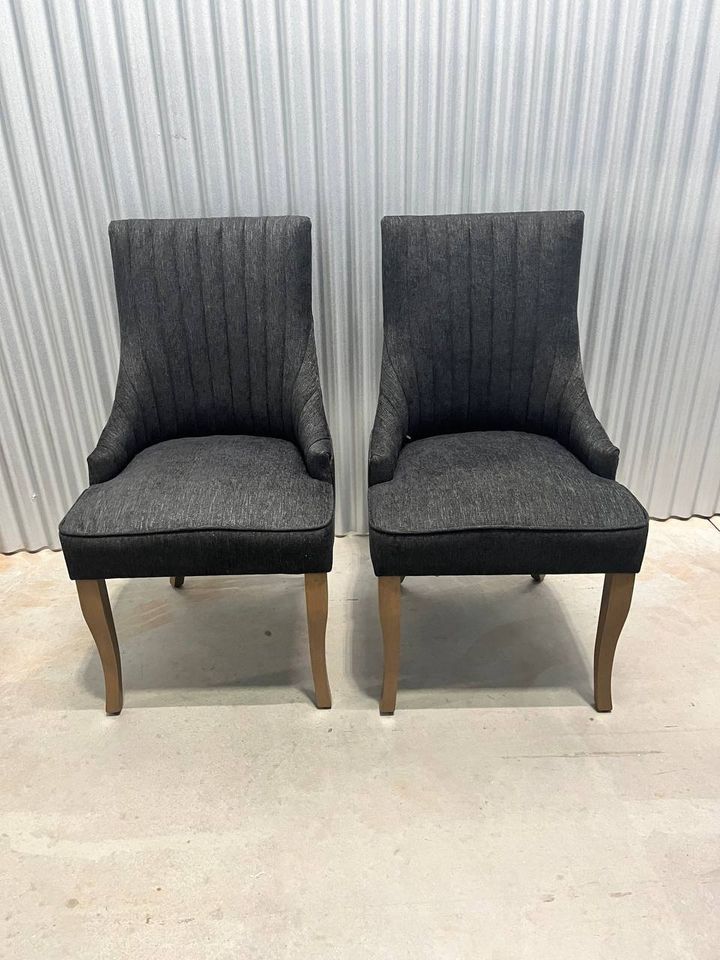 Black Linen Fabric Upholstered Strip Back Dining Chair with Solid Wood Legs – Set of 2